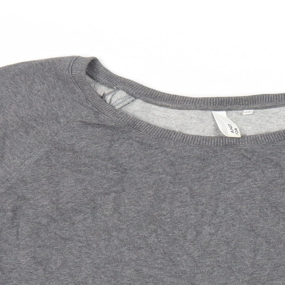 Close-up detail of AND/OR women’s grey cotton pullover sweatshirt, size UK 12, pullover - ruffle detail