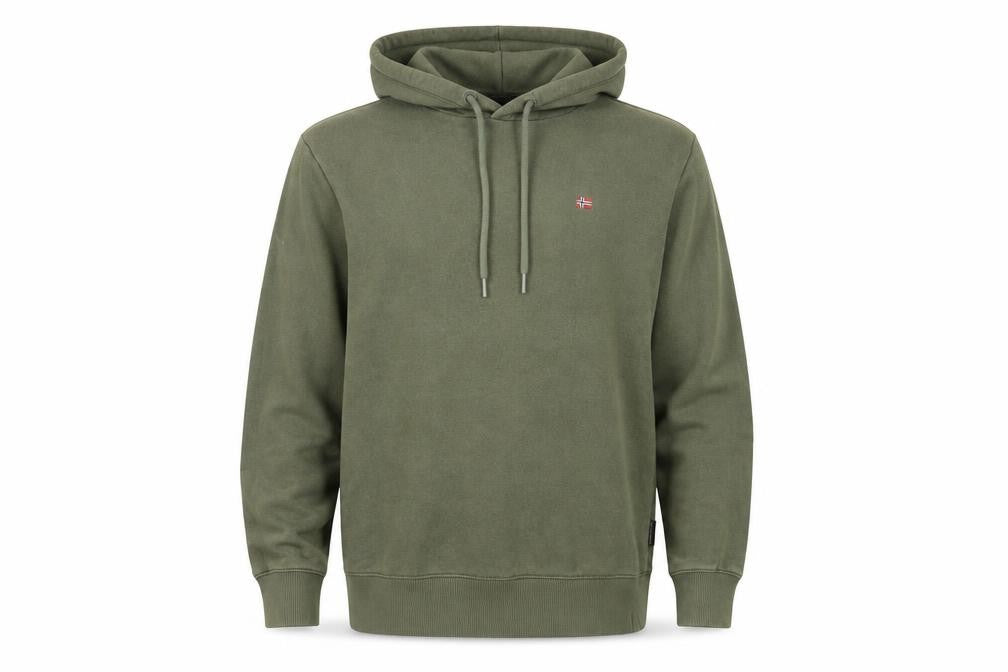 Front view of Napapuri men’s green cotton pullover hoodie, size M, - logo