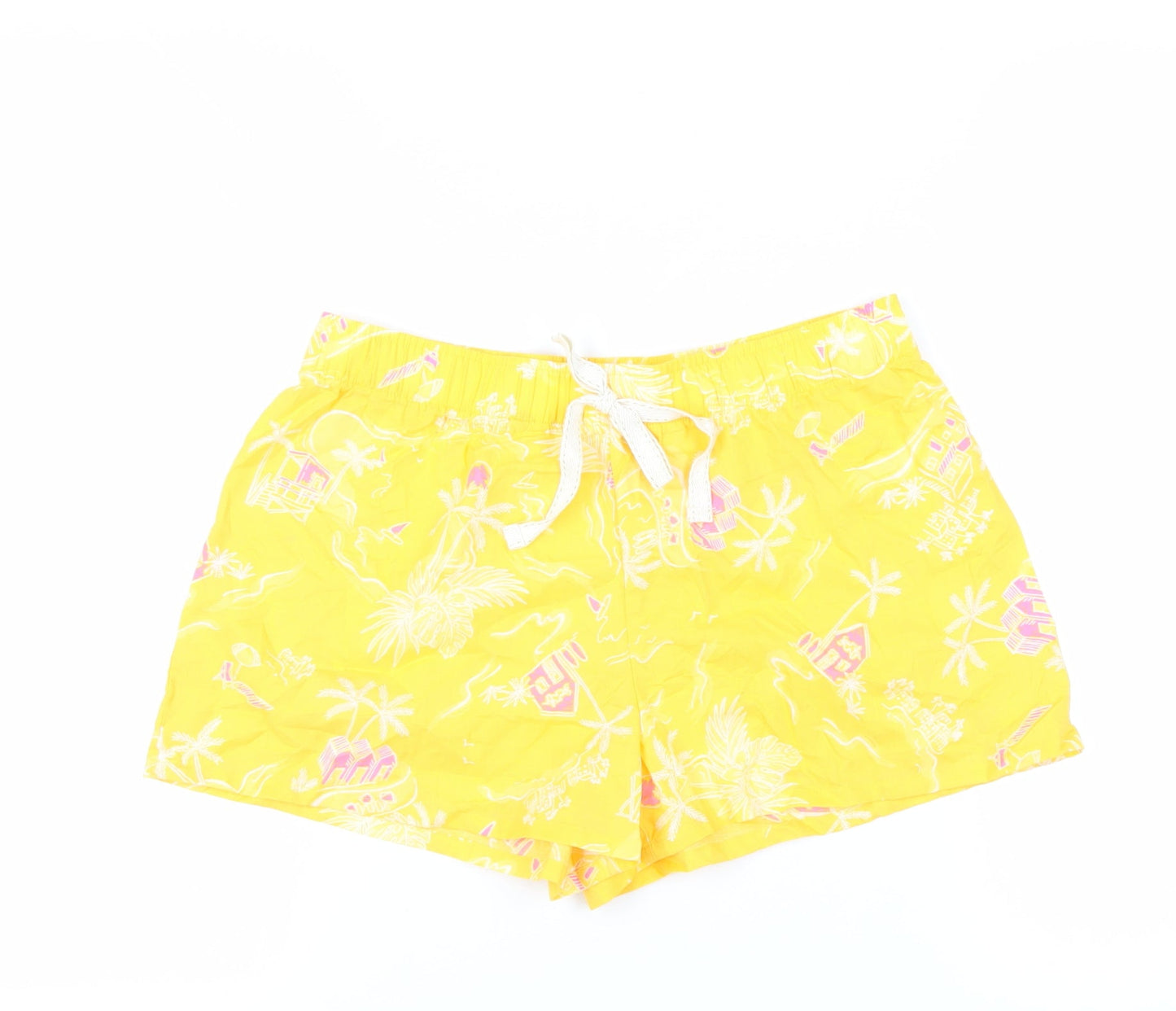 Marks and Spencer Womens Yellow Geometric Cotton Top Sleep Shorts Size 12 Drawstring
