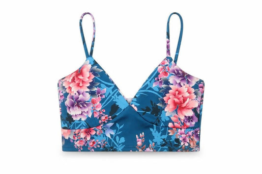 Front view of Missguided women’s blue floral polyester cropped tank, size UK 10, sweetheart - bralette top