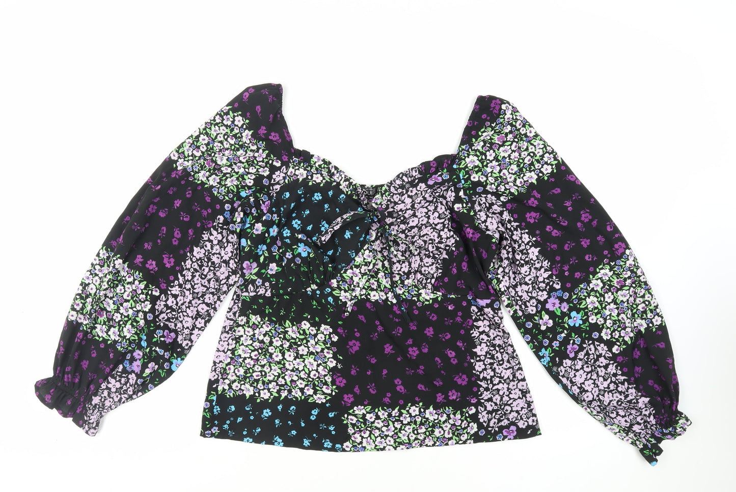 Quiz Womens Black Floral Polyester Basic Blouse Size 12 Sweetheart