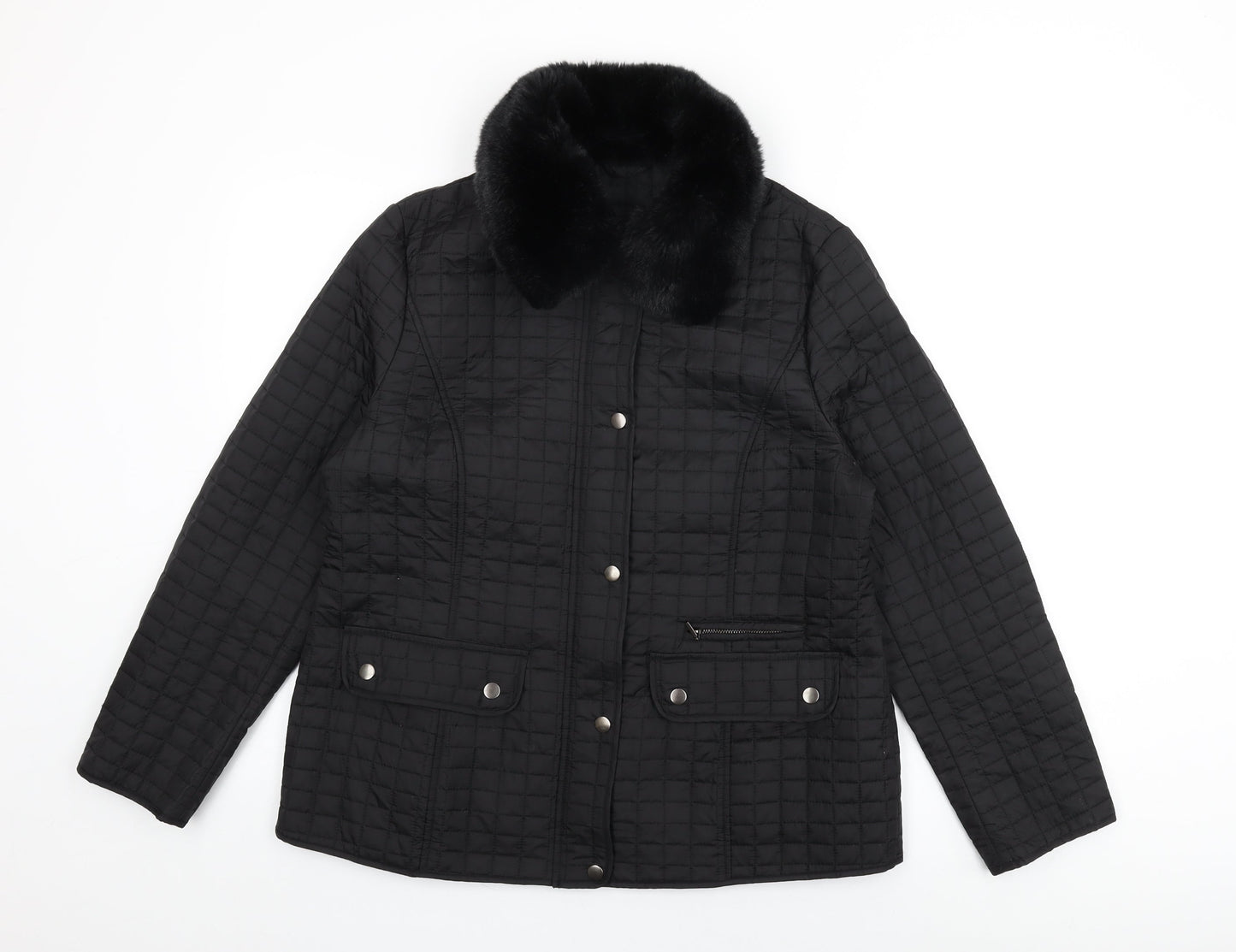 Precis Womens Black Quilted Coat Size 14 Zip - Fur Collar