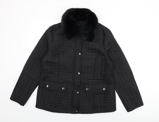 Precis Womens Black Quilted Coat Size 14 Zip - Fur Collar
