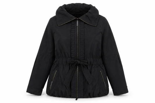 Front view of Betty Jackson Black women’s black overcoat coat, size UK 16, zip - belted