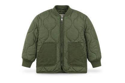 Front view of John Lewis boys’ green quilted coat, size 4, years zip