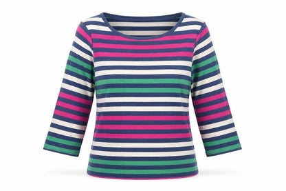 Bonmarché Womens Multicoloured Striped Cotton Basic T-Shirt Size M Round Neck