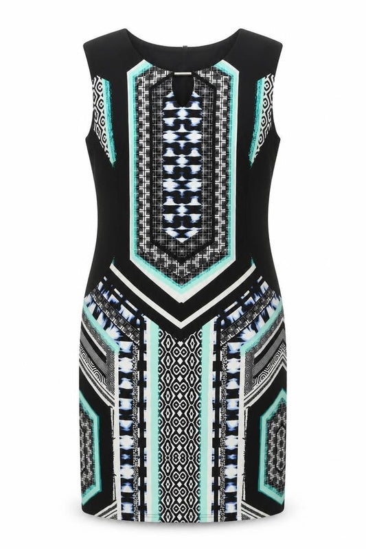 Front view of Izabel women’s black geometric polyester a-line, size UK 14, round neck pullover