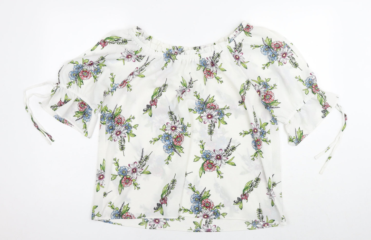 Signature Studio Womens White Floral Patent Leather Basic Blouse Size L Off the Shoulder