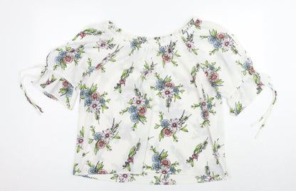 Signature Studio Womens White Floral Patent Leather Basic Blouse Size L Off the Shoulder
