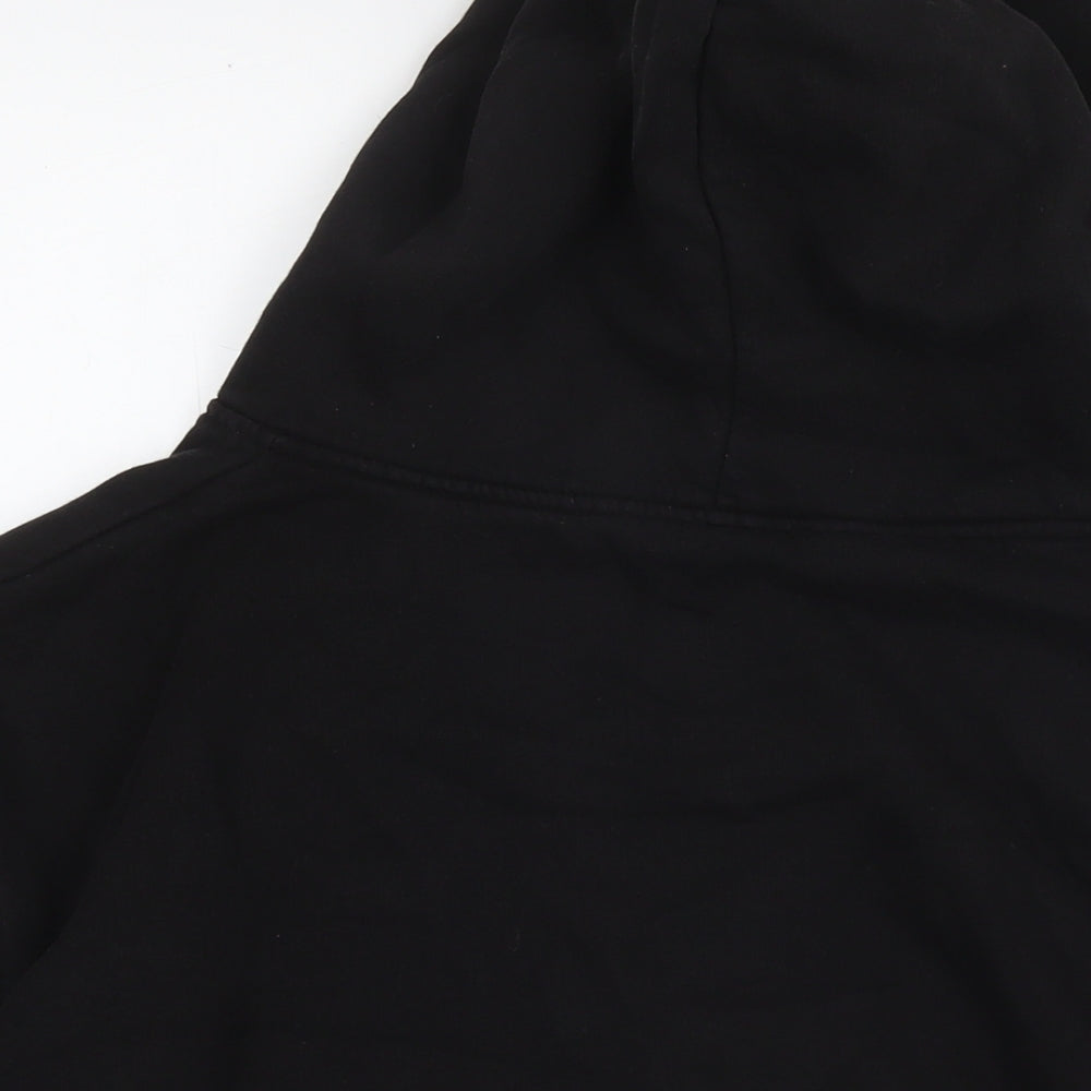Brand and care label for COS women’s black polyester pullover hoodie, size S, pullover