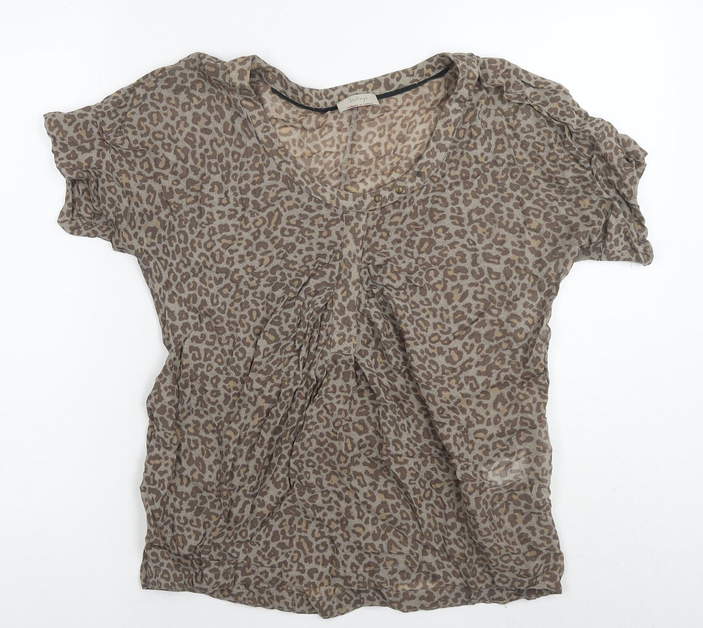 Wrap London Womens Brown Animal Print Viscose Basic Blouse Size 10 Round Neck