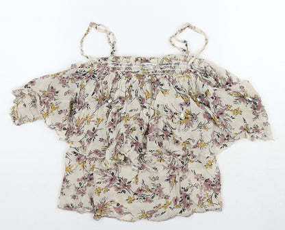 Miss Selfridge Womens Beige Floral Viscose Basic Blouse Size 8 Off the Shoulder - Beaded Detail Cold Shoulder