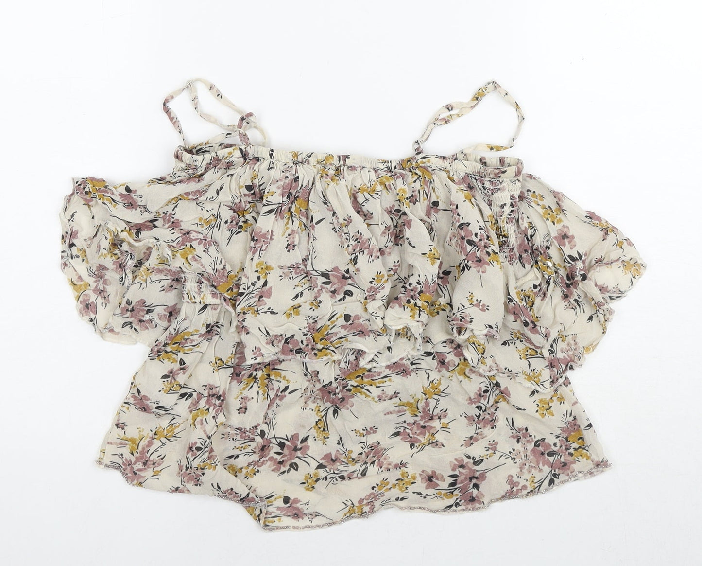 Miss Selfridge Womens Beige Floral Viscose Basic Blouse Size 8 Off the Shoulder - Beaded Detail Cold Shoulder