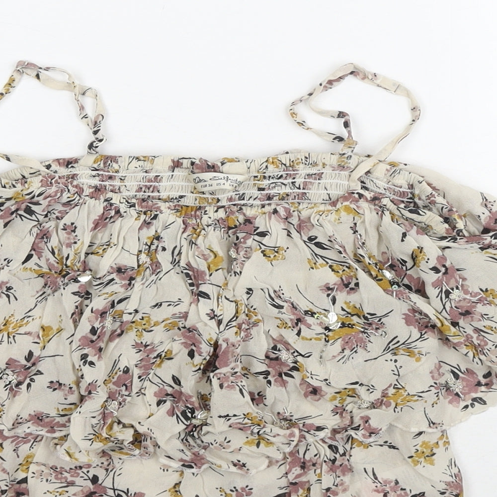 Miss Selfridge Womens Beige Floral Viscose Basic Blouse Size 8 Off the Shoulder - Beaded Detail Cold Shoulder