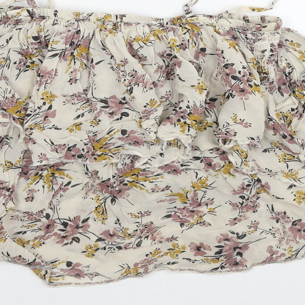 Miss Selfridge Womens Beige Floral Viscose Basic Blouse Size 8 Off the Shoulder - Beaded Detail Cold Shoulder