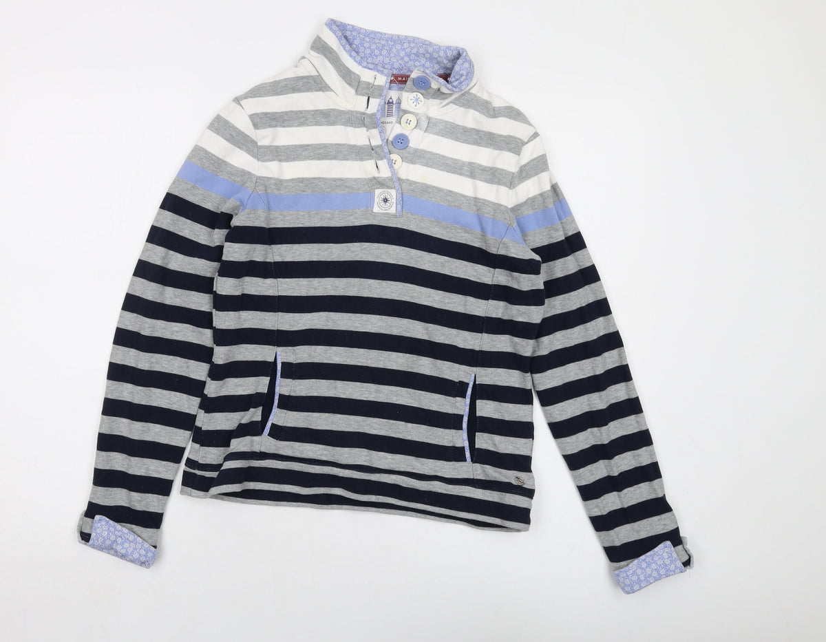 Additional front view of Maine New England women’s grey striped cotton pullover sweatshirt, size UK 10, button