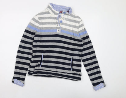 Additional front view of Maine New England women’s grey striped cotton pullover sweatshirt, size UK 10, button