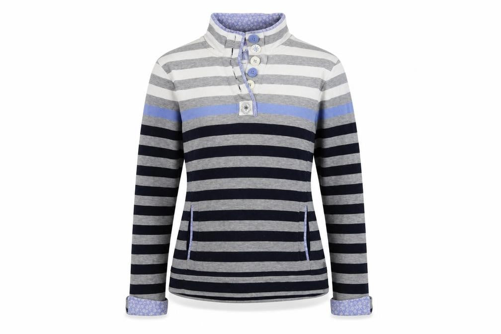 Front view of Maine New England women’s grey striped cotton pullover sweatshirt, size UK 10, button
