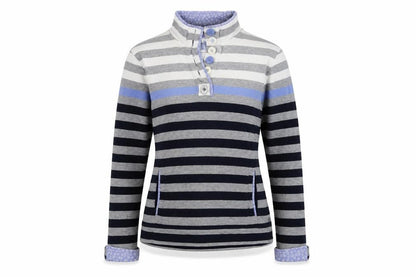 Front view of Maine New England women’s grey striped cotton pullover sweatshirt, size UK 10, button
