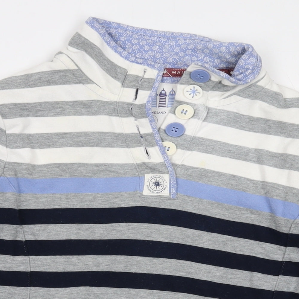 Close-up detail of Maine New England women’s grey striped cotton pullover sweatshirt, size UK 10, button