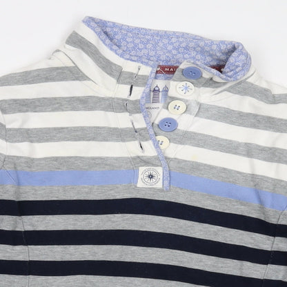 Close-up detail of Maine New England women’s grey striped cotton pullover sweatshirt, size UK 10, button