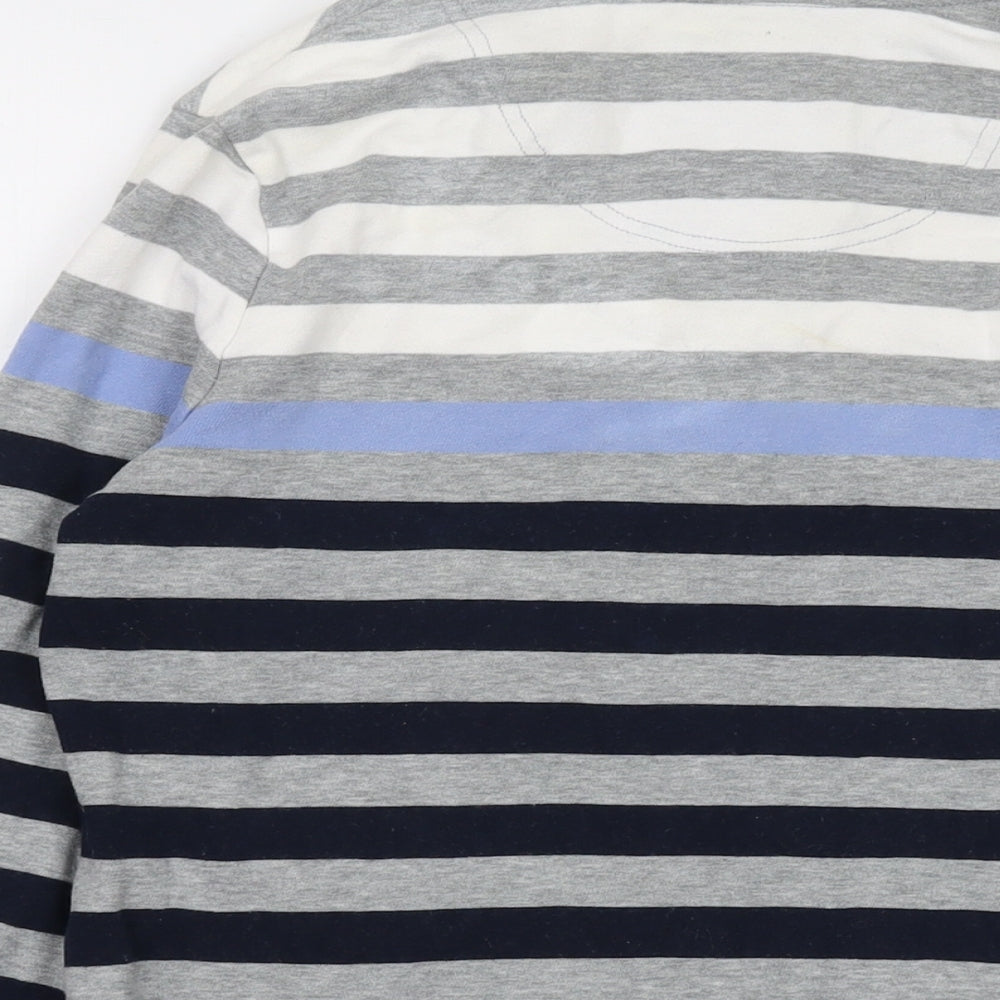 Brand and care label for Maine New England women’s grey striped cotton pullover sweatshirt, size UK 10, button