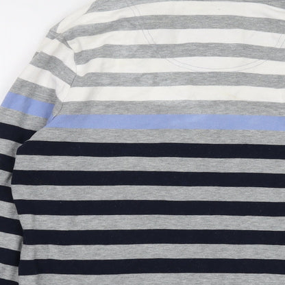 Brand and care label for Maine New England women’s grey striped cotton pullover sweatshirt, size UK 10, button