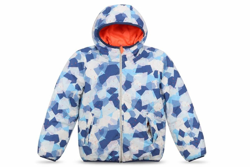 Front view of Reverse boys’ blue geometric jacket, size 10, years zip