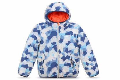 Front view of Reverse boys’ blue geometric jacket, size 10, years zip