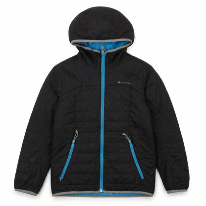 Front view of Quechua boys’ black puffer jacket jacket, size 10, years zip