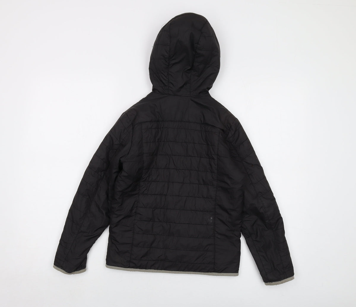 Back view of Quechua boys’ black puffer jacket jacket, size 10, years zip