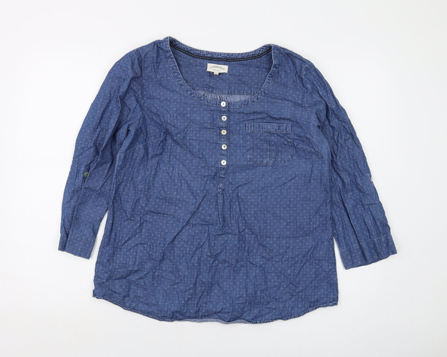 Cambridge Womens Black Geometric Cotton Basic Blouse Size L Round Neck