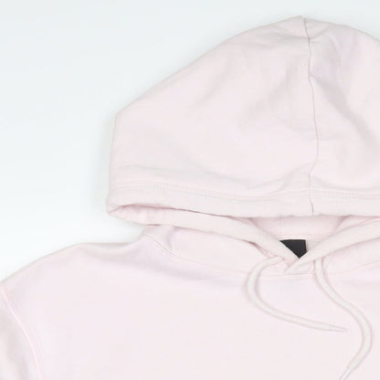 Close-up detail of h7m women’s pink cotton pullover hoodie, size XL, pullover