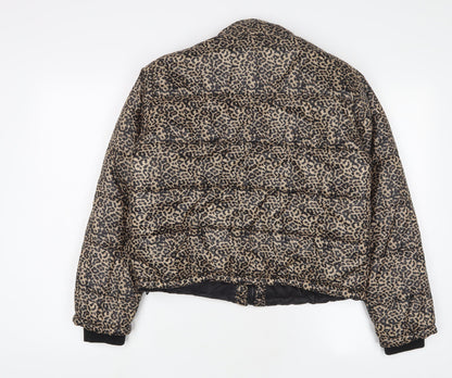 Select Womens Brown Animal Print Quilted Coat Size 8 Zip