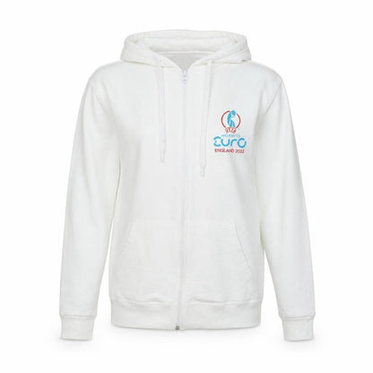Front view of UEFA women’s white jacket, size S, zip - women's euro - england 2022