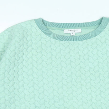 Close-up detail of JD Williams women’s green polyester pullover sweatshirt, size UK 10
