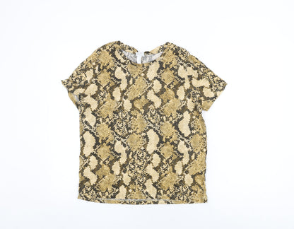 H&M Womens Beige Animal Print Cotton Basic T-Shirt Size S Round Neck - Snake Print