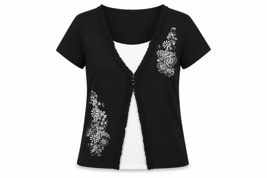 Bonmarché Womens Black Floral Polyester Basic T-Shirt Size M Round Neck