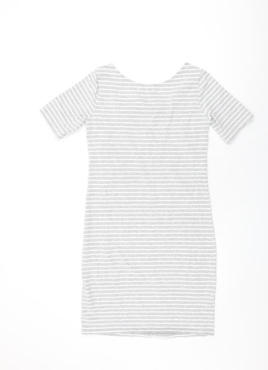 New Look Womens Grey Striped Cotton Bodycon Size 10 Round Neck Pullover