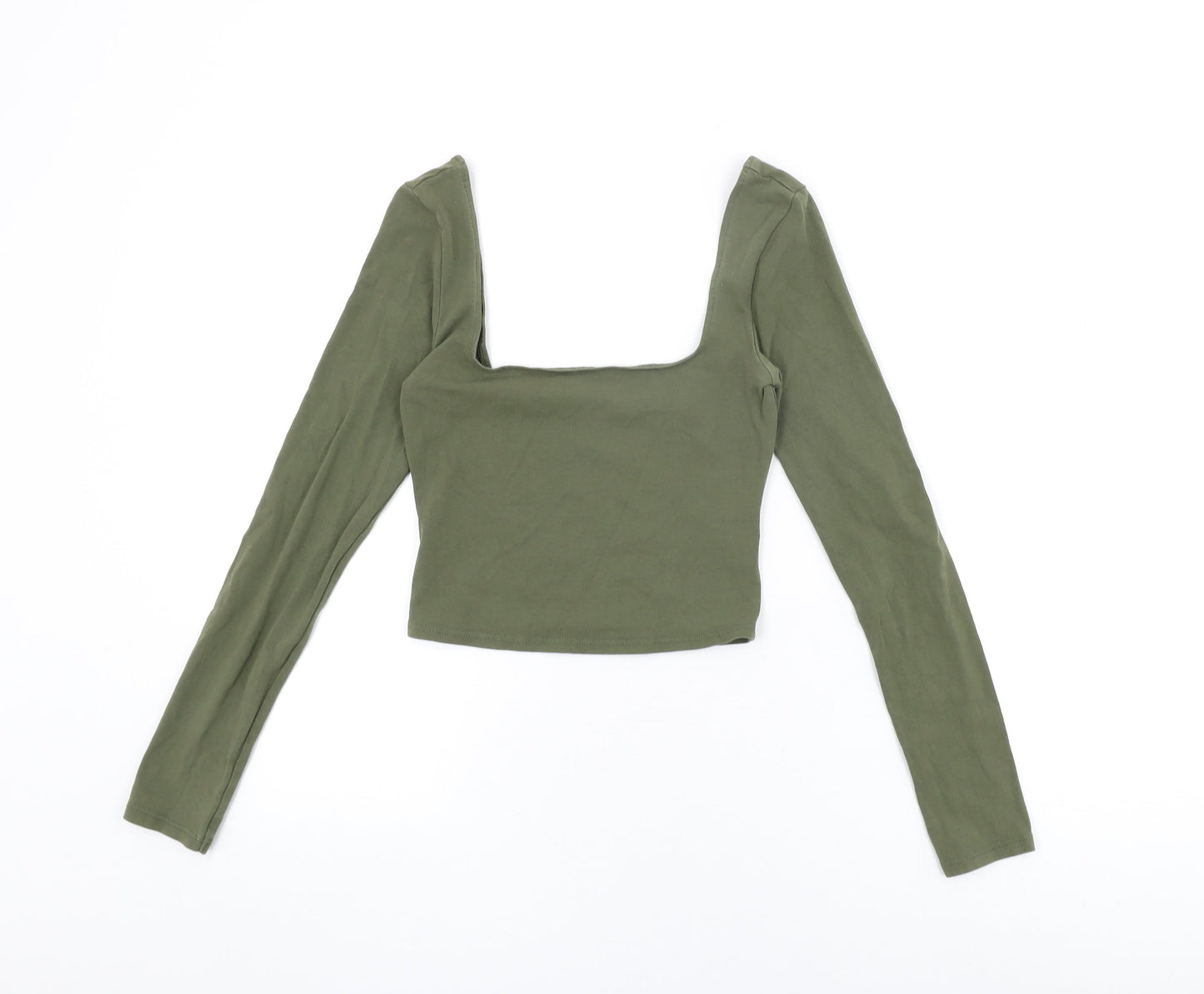 Miss Selfridge Womens Green Cotton Cropped T-Shirt Size 8 Square Neck