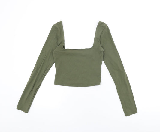 Miss Selfridge Womens Green Cotton Cropped T-Shirt Size 8 Square Neck