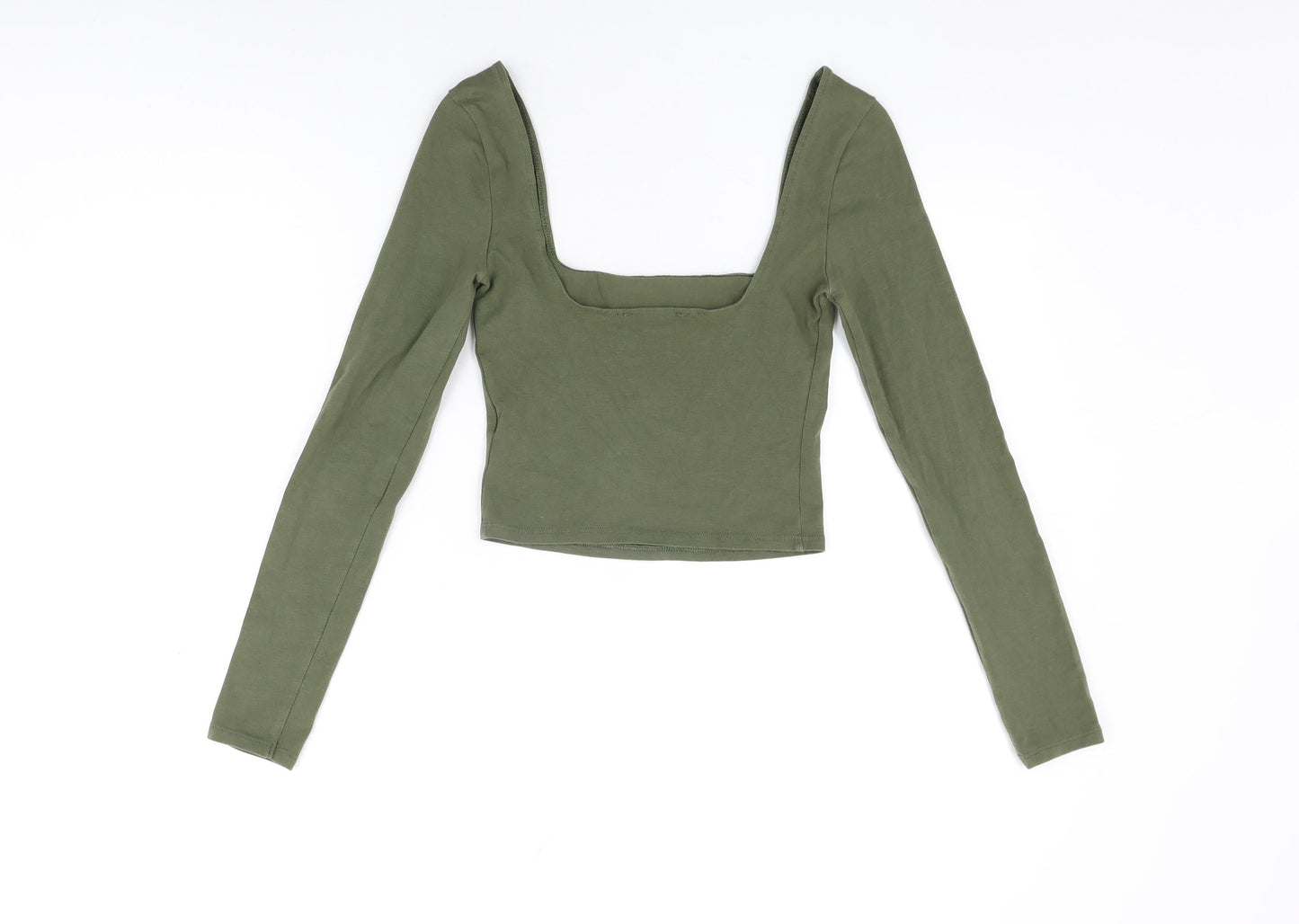 Miss Selfridge Womens Green Cotton Cropped T-Shirt Size 8 Square Neck