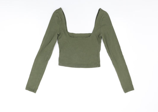 Miss Selfridge Womens Green Cotton Cropped T-Shirt Size 8 Square Neck