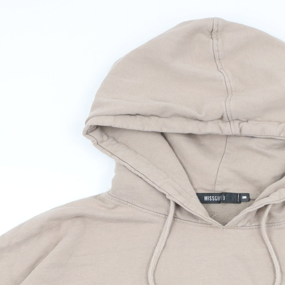 Close-up detail of Missguided women’s beige cotton pullover hoodie, size M, pullover