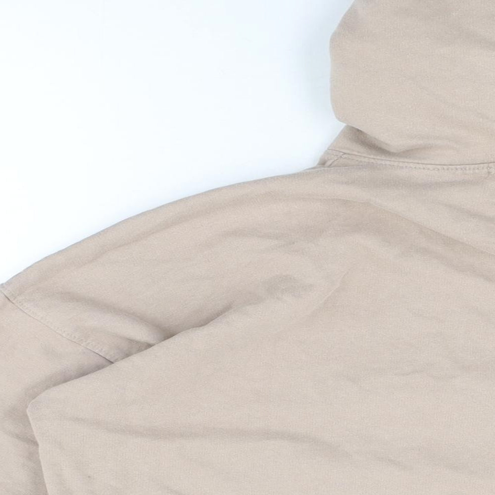 Brand and care label for Missguided women’s beige cotton pullover hoodie, size M, pullover