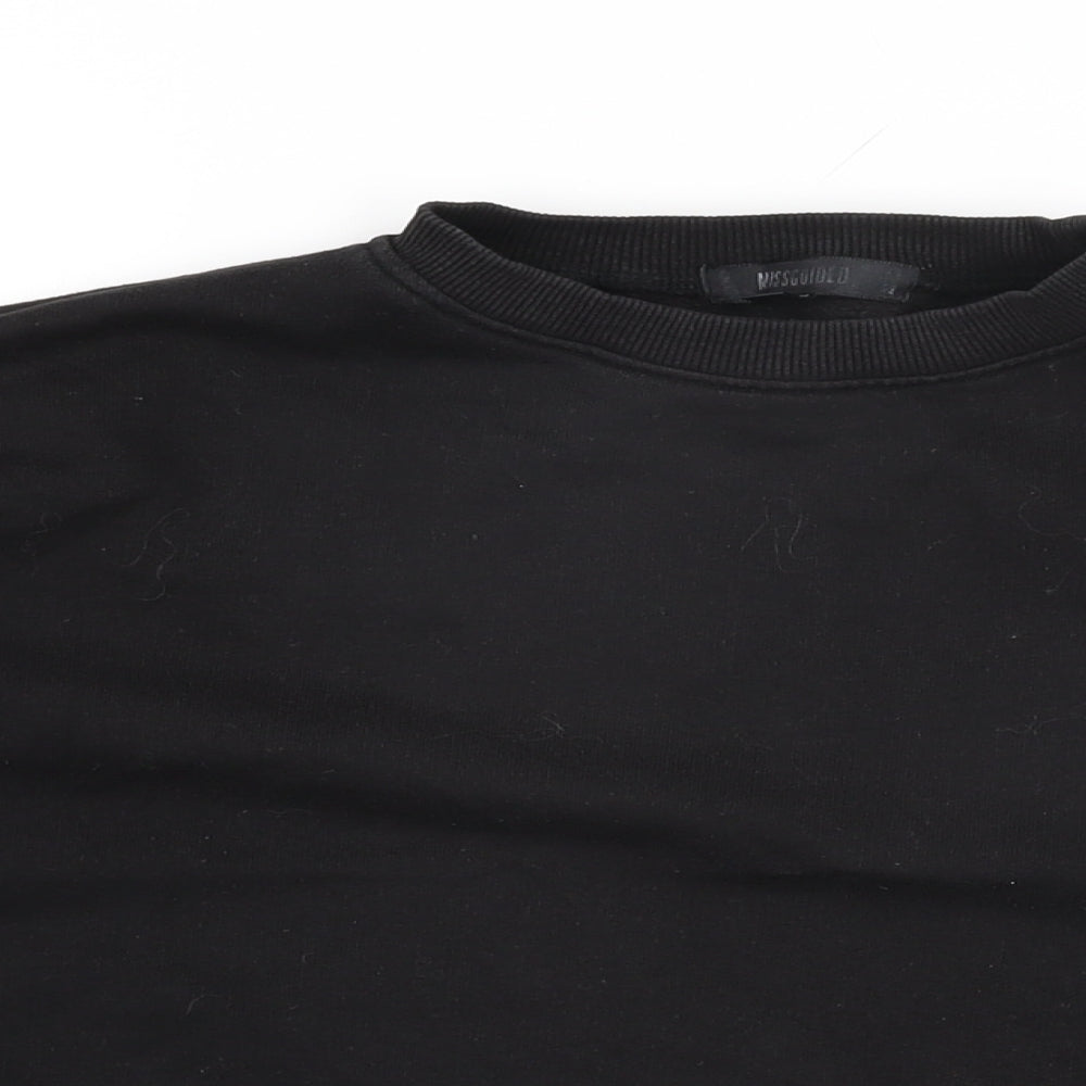 Close-up detail of Missguided women’s black cotton pullover sweatshirt, size UK 12, pullover