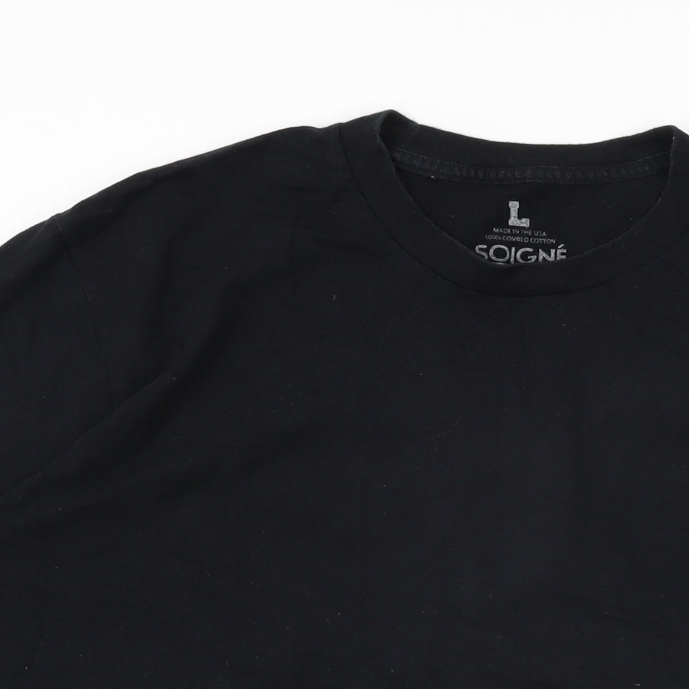 Soigne Mens Black Cotton T-Shirt Size L Round Neck - Spears 81