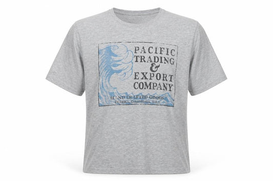Front view of ASOS men’s grey polyester t-shirt, size XL, round neck - pacific trading company wave