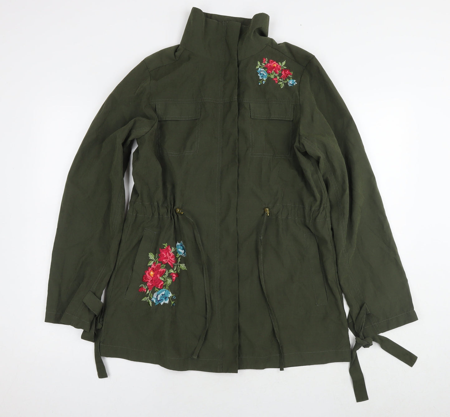 Avon Womens Green Parka Coat Size 10 Zip - Flowers
