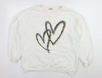 New Look Womens White Cotton Pullover Sweatshirt Size L Pullover - Leopard detail Heart